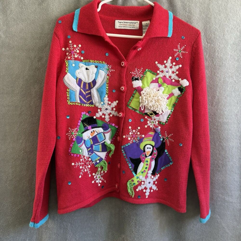 Tiara International Ugly Christmas Sweater Cardigan MEDIUM Red Embroidered Santa